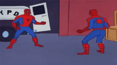 This is a GIF of two Spider Man people pointing at one another. 