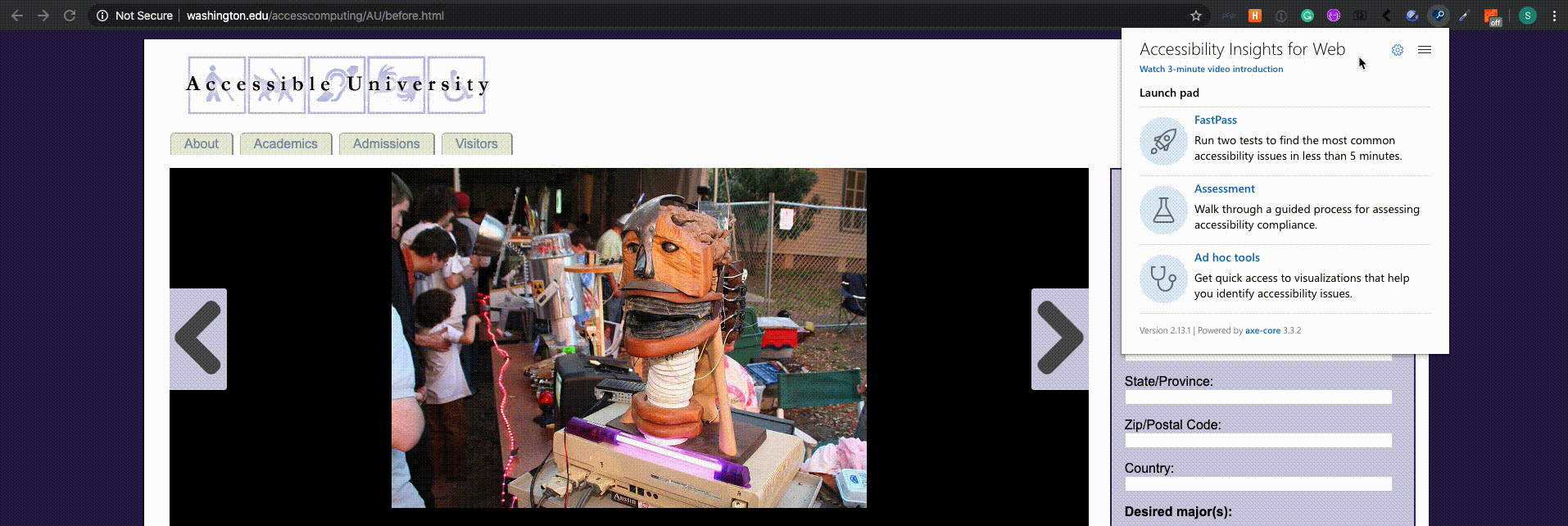 Animated gif showing Accessibility Insights for Web in use on a bad site.