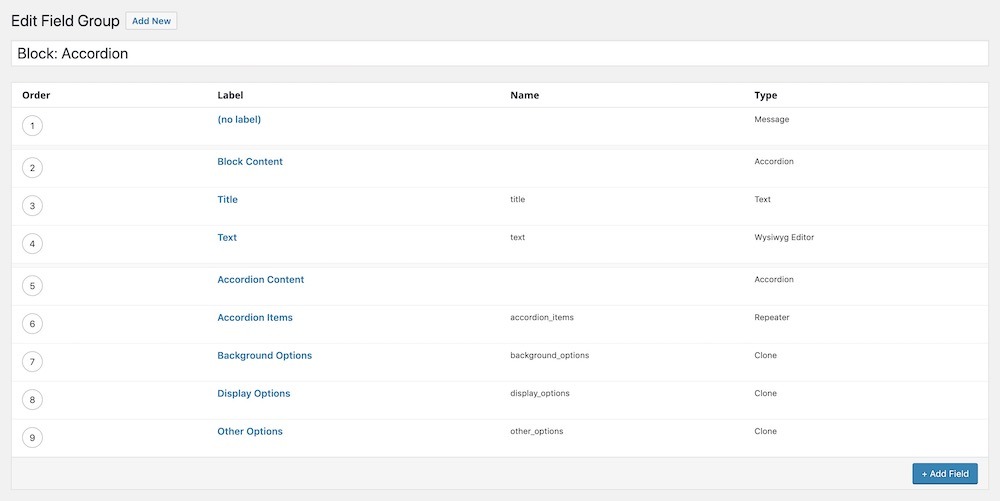 ACF Field Group settings page