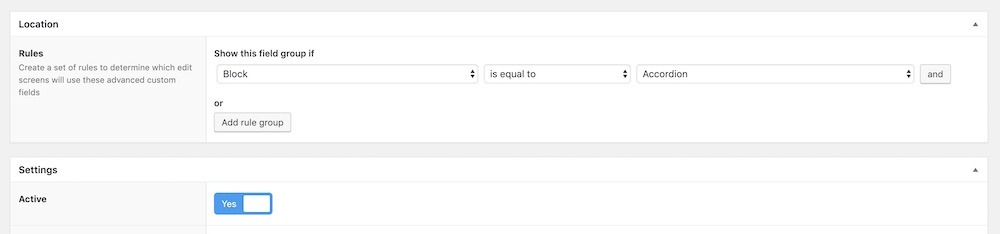 ACF Field Group Location settings
