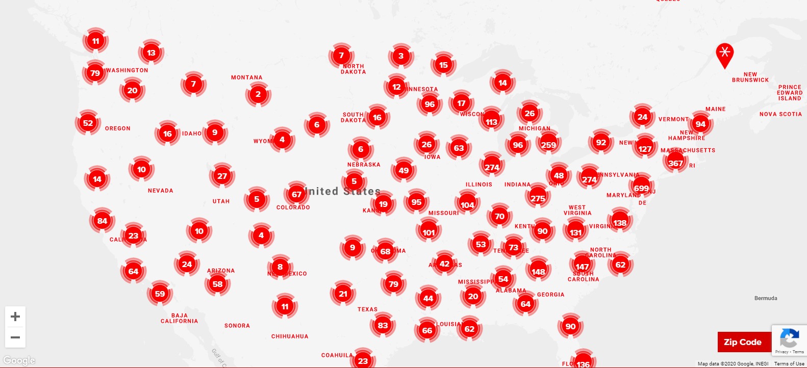 A screenshot from SaveTheSnowDay.com that displays the zip code powered map which shows red map pins and a number per pin to indicated the amount of pledges in various parts of the United States.