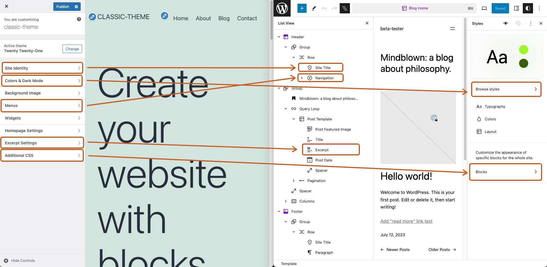 This image compares the differences between the Classic WordPress Customizer and the new Site Editor.