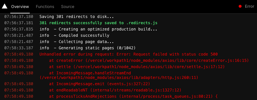 500 errors during a build on vercel
