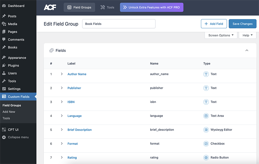 This is a screenshot from the ACF dashboard that shows the ability to Edit Field Group.