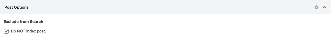 This is a screen grab that shows the ACF exclude from search checkbox option. At the to, it says, "Post options." Beneath that it says, "Exclude from Search." Beneath that, it says, "Do NOT index post." Next to that there is a square field box that is checked off.