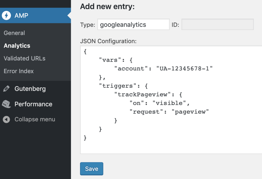 Screenshot of google analytics configured in AMP