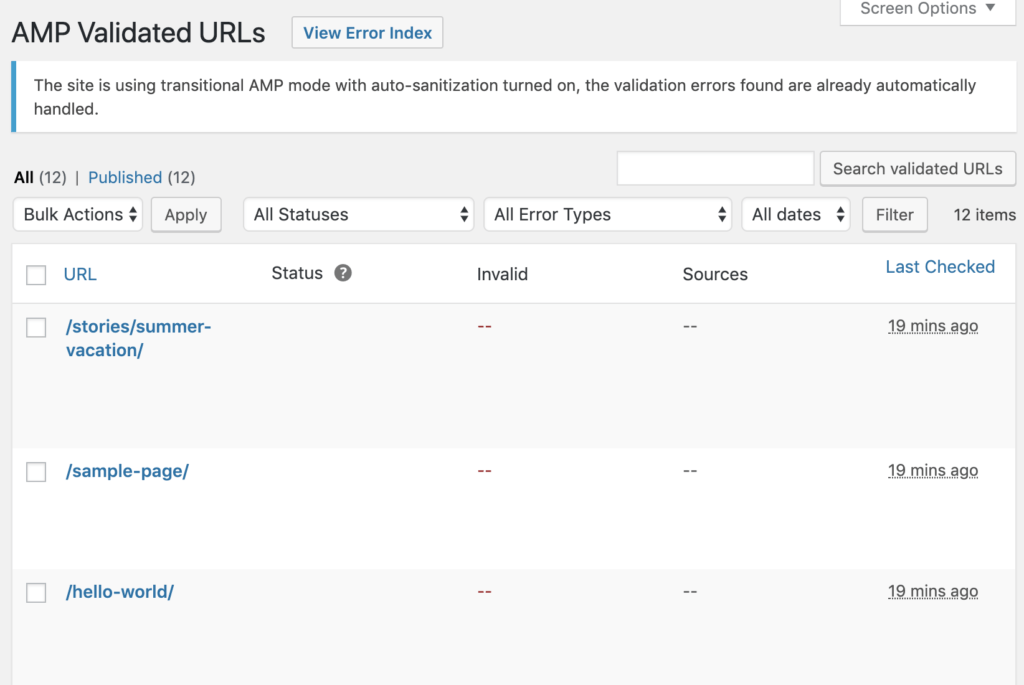 Screenshot displaying validated AMP URLs