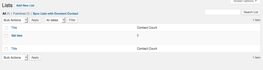 This is a screenshot of what it looks like when creating a List in Constant Contact. There is an Add New List button. And there is also an example list we created titled list 2 which has two contacts.