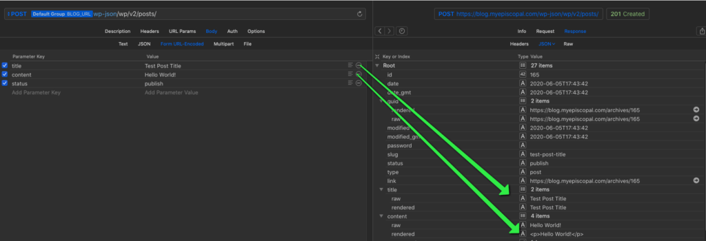 A screenshot showing /wp/v2/posts endpoint in use creating a post.