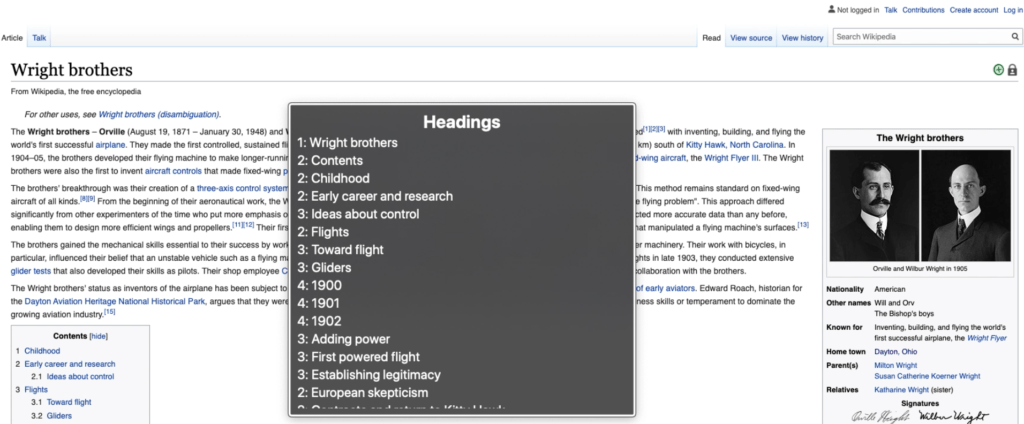 VoiceOver headings list for Wright Brother Wikipedia Page