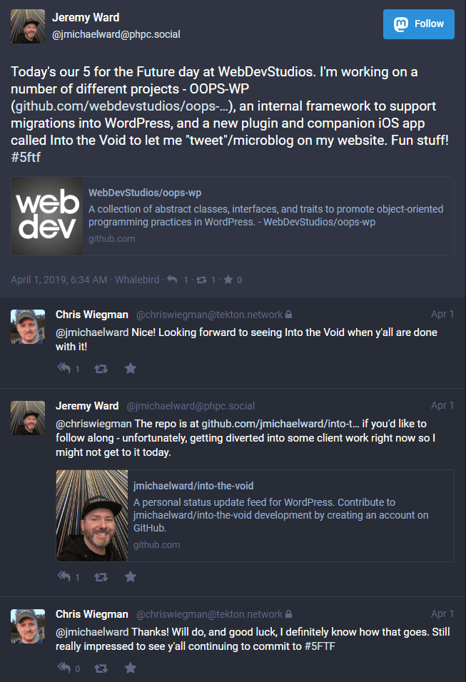 A screenshot of Jeremy Ward's contribution to Five for the Future, which he shared on PHPC.social. In this social media share, he says he is working on an internal framework to support migrations into WordPress and a new plugin and companion iOS app called Into the Void to let him "tweet" or microblog on his personal website.