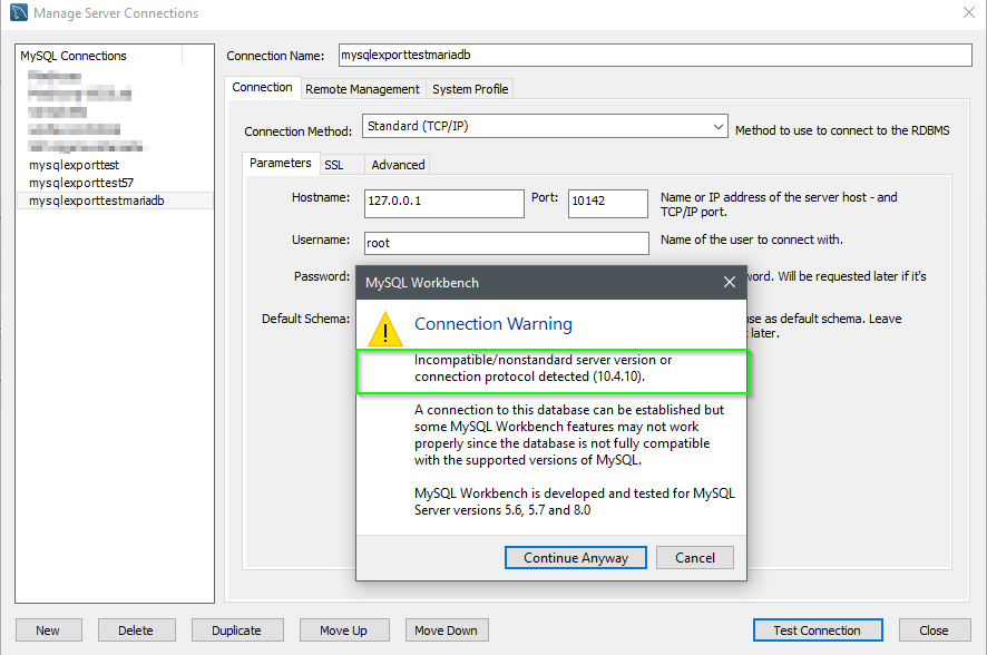 MySQL manage connections warning. Solutions to MySQL Database Export Errors.