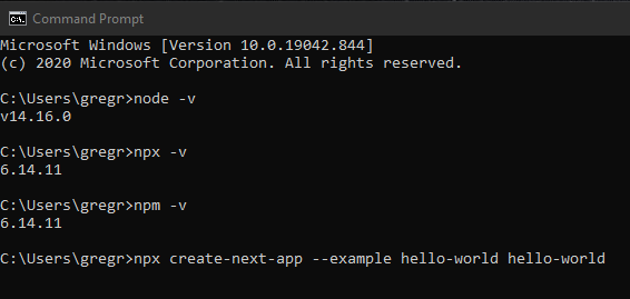 This is a screen grab of the Command Prompt when installing Next.js.