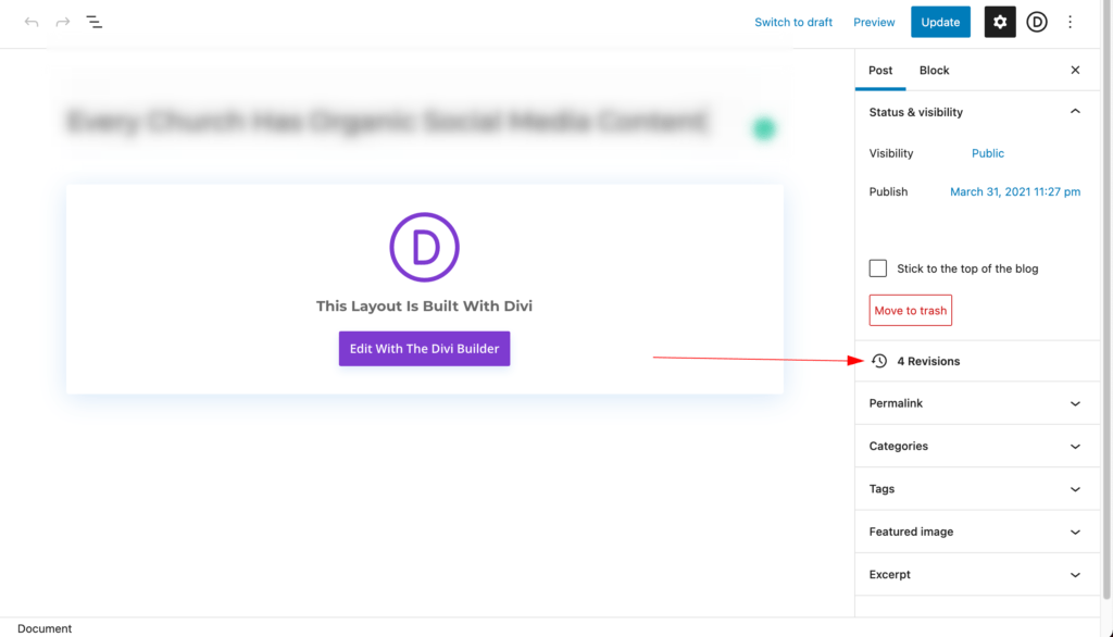 This is a screen shot of the WordPress editor and the right-hand column which shows 4 revisions.