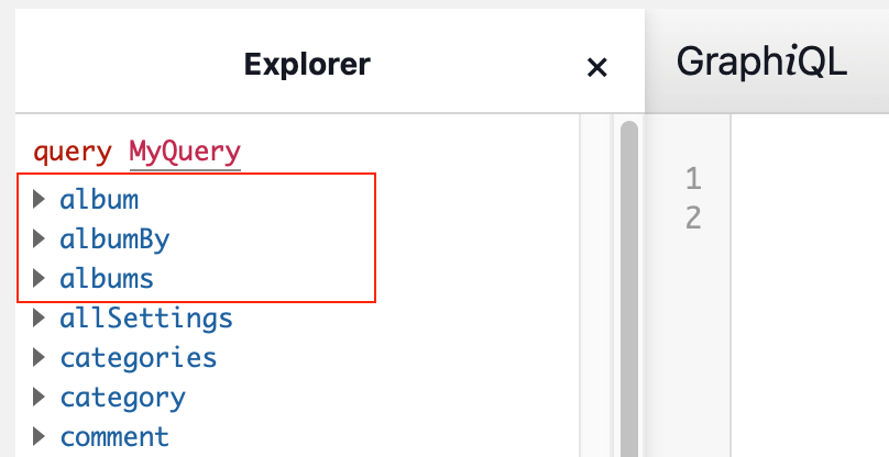 GraphiQL IDE showing the album and albums objects