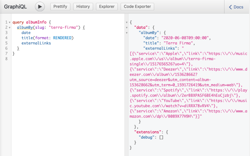 The GraphiQL IDE showing the results of the new custom field