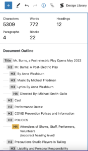 The WordPress information drop down displaying word count an headers out of order