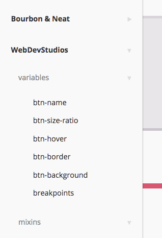 example SassDoc website output entry navigation