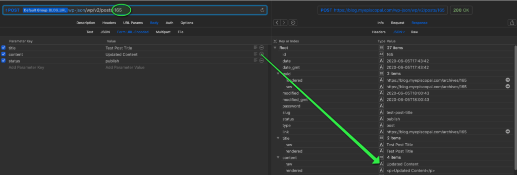 A screenshot showing /wp/v2/posts endpoint in use updating a post.