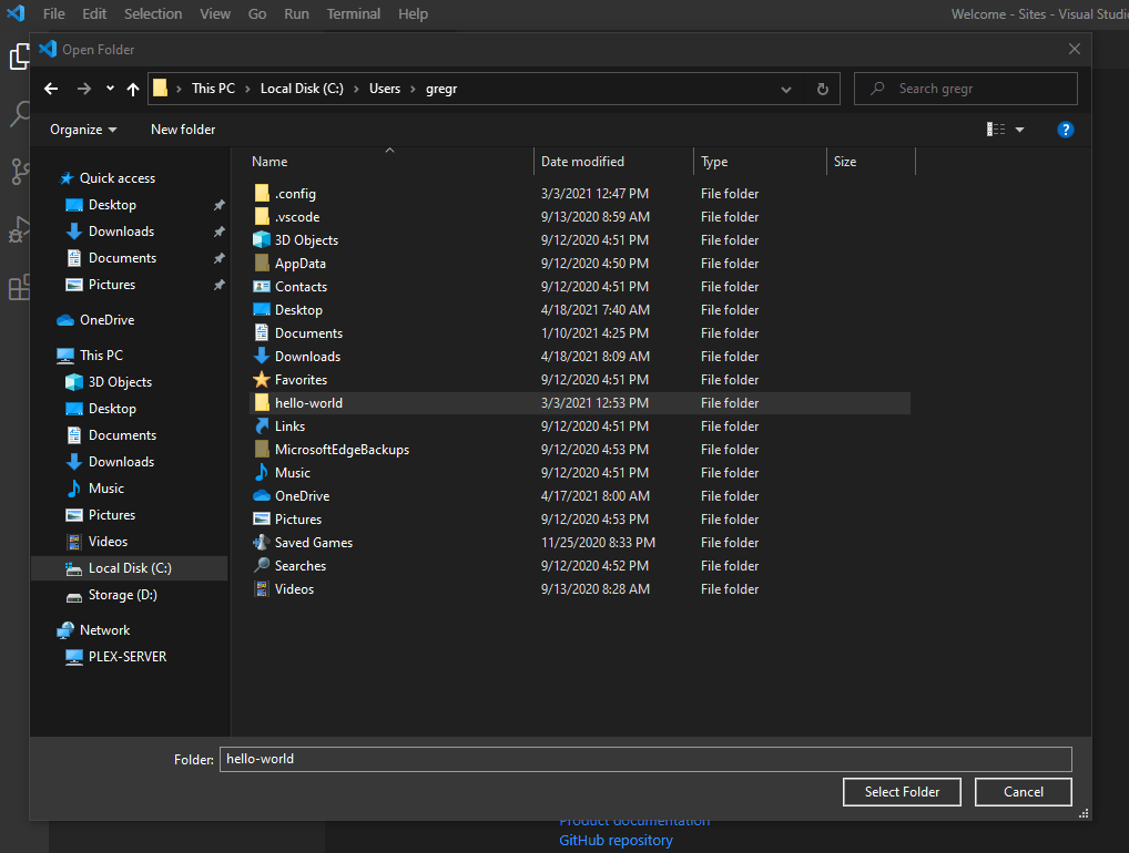 open hello world folder