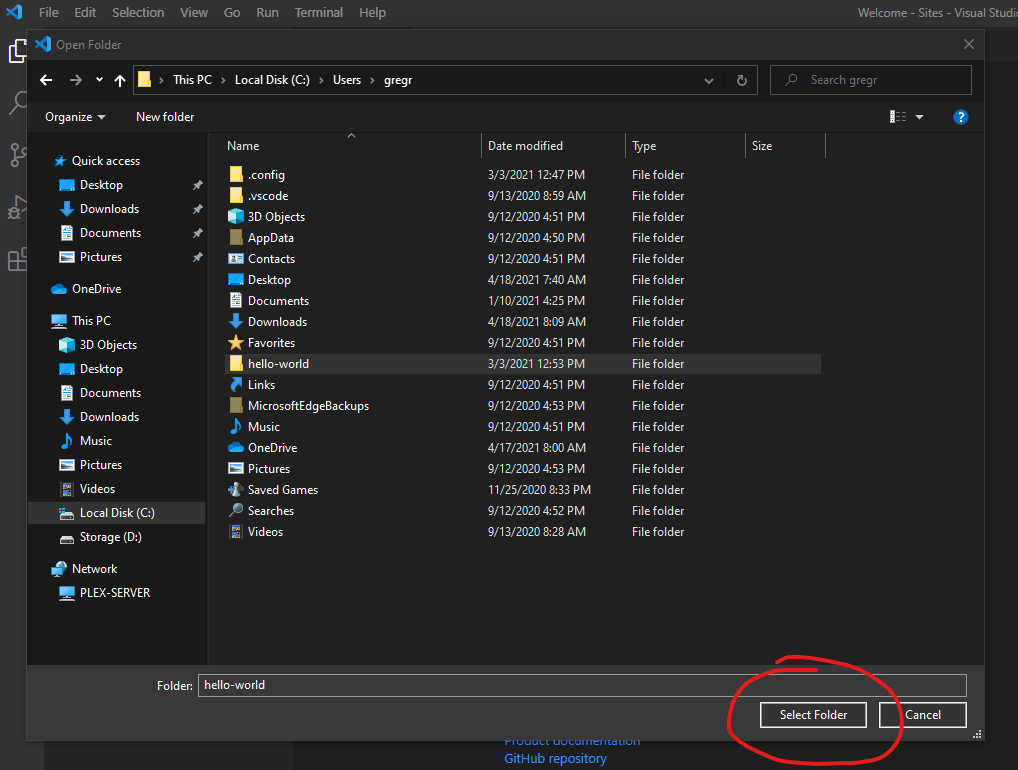 select hello world folder